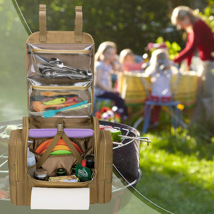 HODRANT Large Tactical Camping Kitchen Organizer, Hanging Cookware Storage Bag with Paper Towel Holder & Multi Pockets, Portable Camp Utensil Organizer for BBQ Cooking Essentials, Khaki, Bag Only