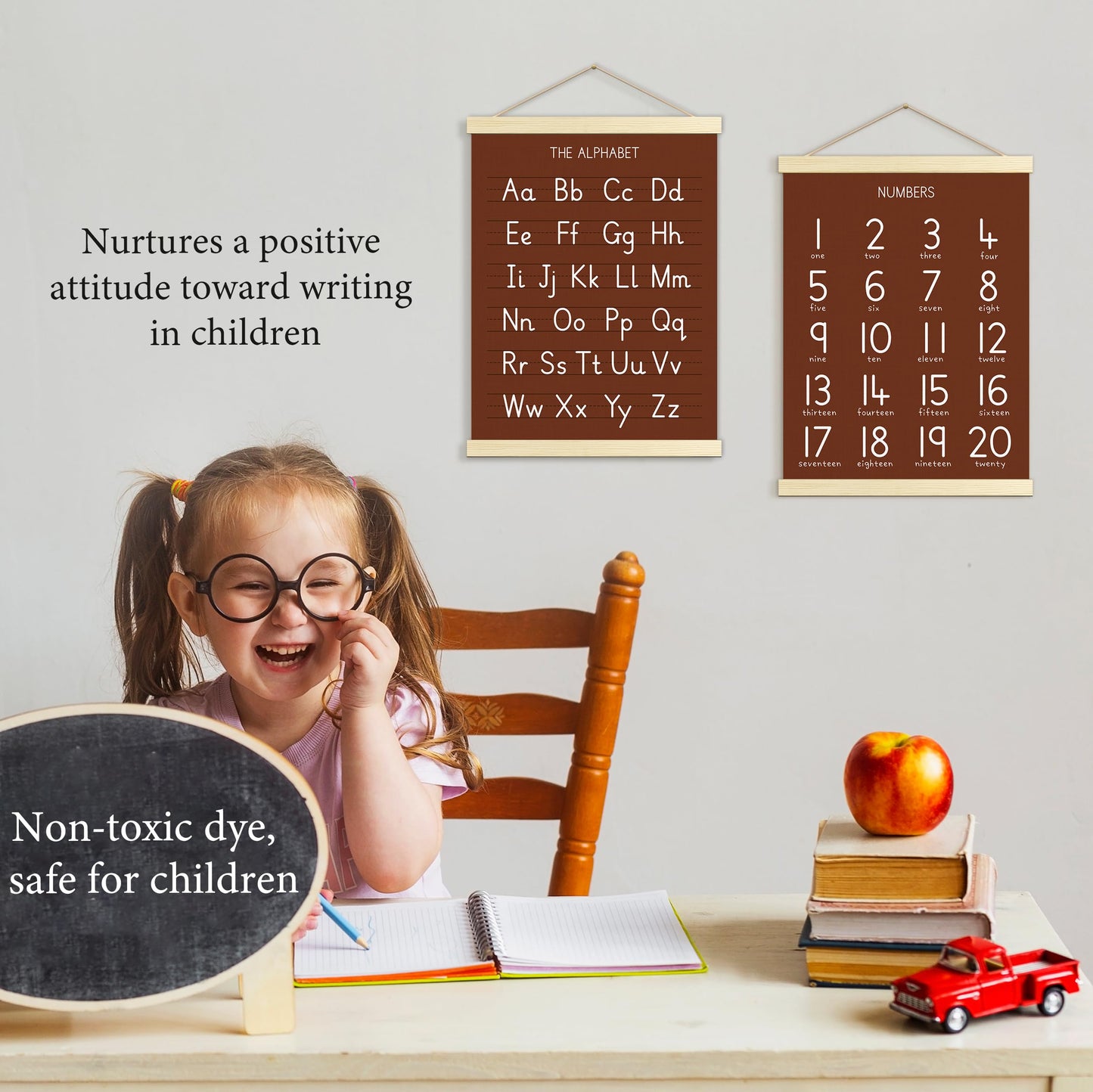 Numbers Alphabet Poster for Toddlers,Educational Wall Chart for Nursery Kids Learning, Homeschool & Playroom Decor and Bedroom for Wooden Hanger Frame Set of 2, 12x18 Inch - A05