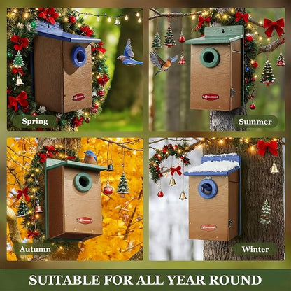 Kingsyard Recycled Plastic Bird House for Outdoor - Durable Nesting Box with Clear View Panel & Predator Guard for Bluebird Wren Swallow Finch, Green & Brown