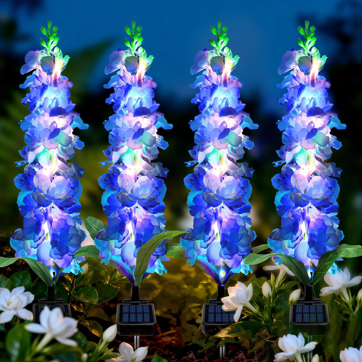MRHEPHAESTUS Solar Garden Lights, Solar Blue Delphinium Flowers Lights 4 Pack 80 LEDs, Waterproof Outdoor Light Two Lighting Modes for Outside Wedding Party Garden Yard Patio Lawn Decor