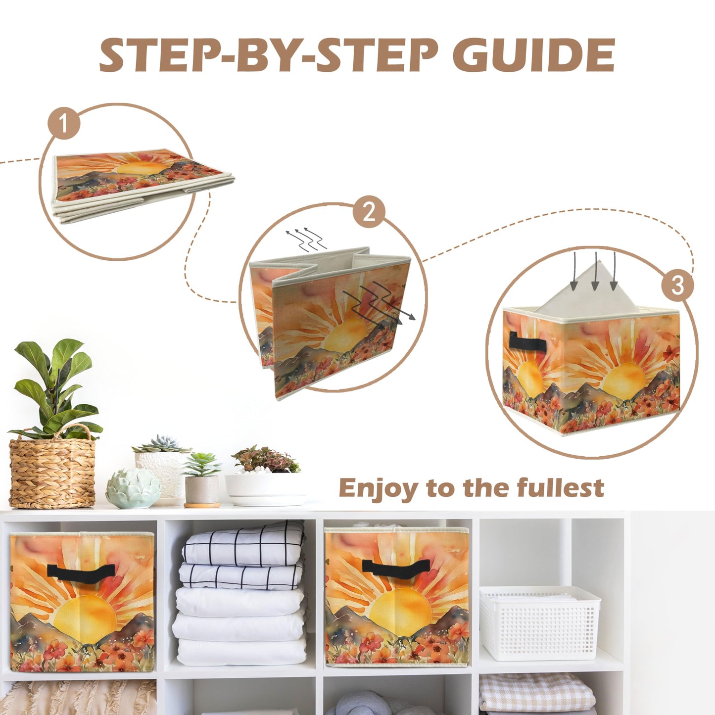 WARDOS Boho Sun Wildflower Storage Bin Box with Handles, Watercolor Mountain Sunset Floral Botanical Foldable Linen Fabric Laundry Basket for Home Bedroom Bathroom Clothes Toys Books