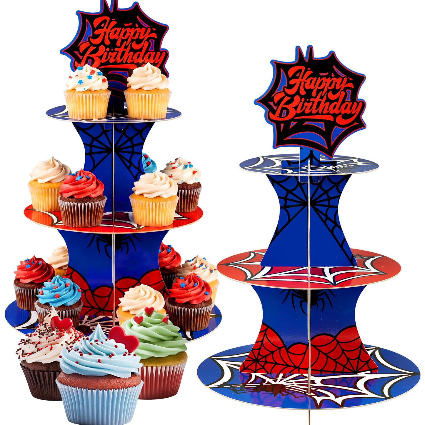 Acellegic 2 Pack Spider Cupcake Stand 3 Tier Spider Web Birthday Party Decorations Cupcake Stand Toppers Display Dessert Holder for Birthday Party Supplies