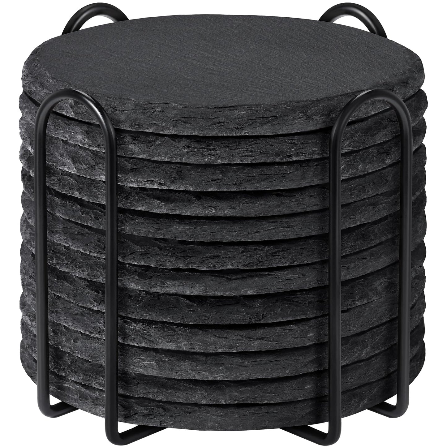 Slate Coasters with Holder, MAPRIAL 4 Inch Coaster Set of 12 Round Black Slate Stone DIY Coasters with Anti-Scratch Backing for Halloween Christmas, Bar, Kitchen, Home Decor, Gifts for Mom, Dad