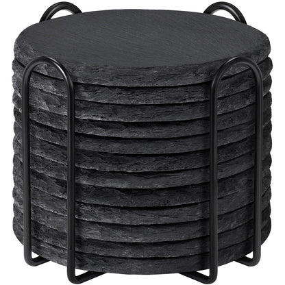 Slate Coasters with Holder, MAPRIAL 4 Inch Coaster Set of 12 Round Black Slate Stone DIY Coasters with Anti-Scratch Backing for Halloween Christmas, Bar, Kitchen, Home Decor, Gifts for Mom, Dad