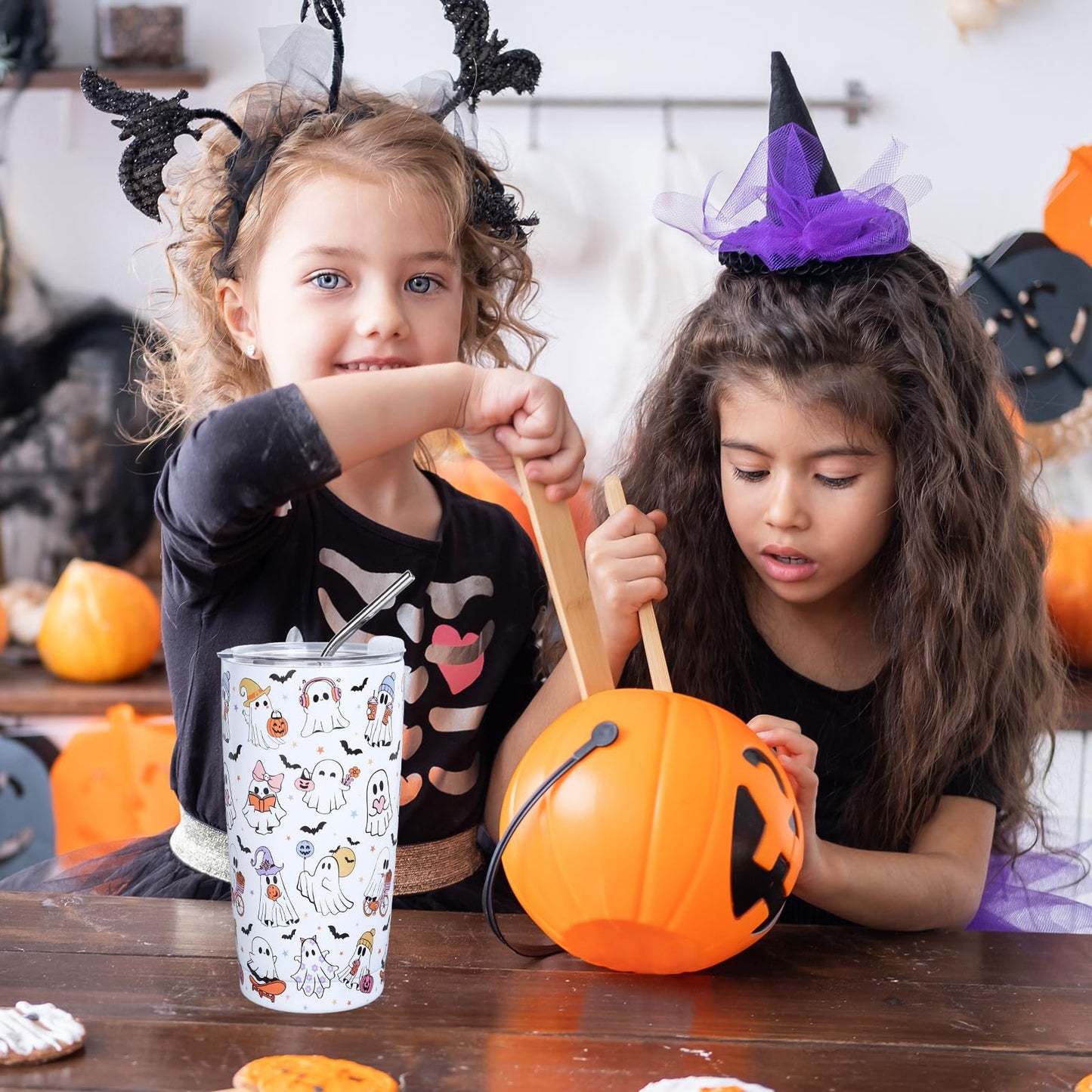 Whaline Halloween Ghost Tumbler 20oz Stainless Steel Travel Tumbler with Lid Straw Brush Cute Ghost Bat Coffee Mug Cup Halloween Boo Spooky Gifts for Women Travel Birthday Horror Gift