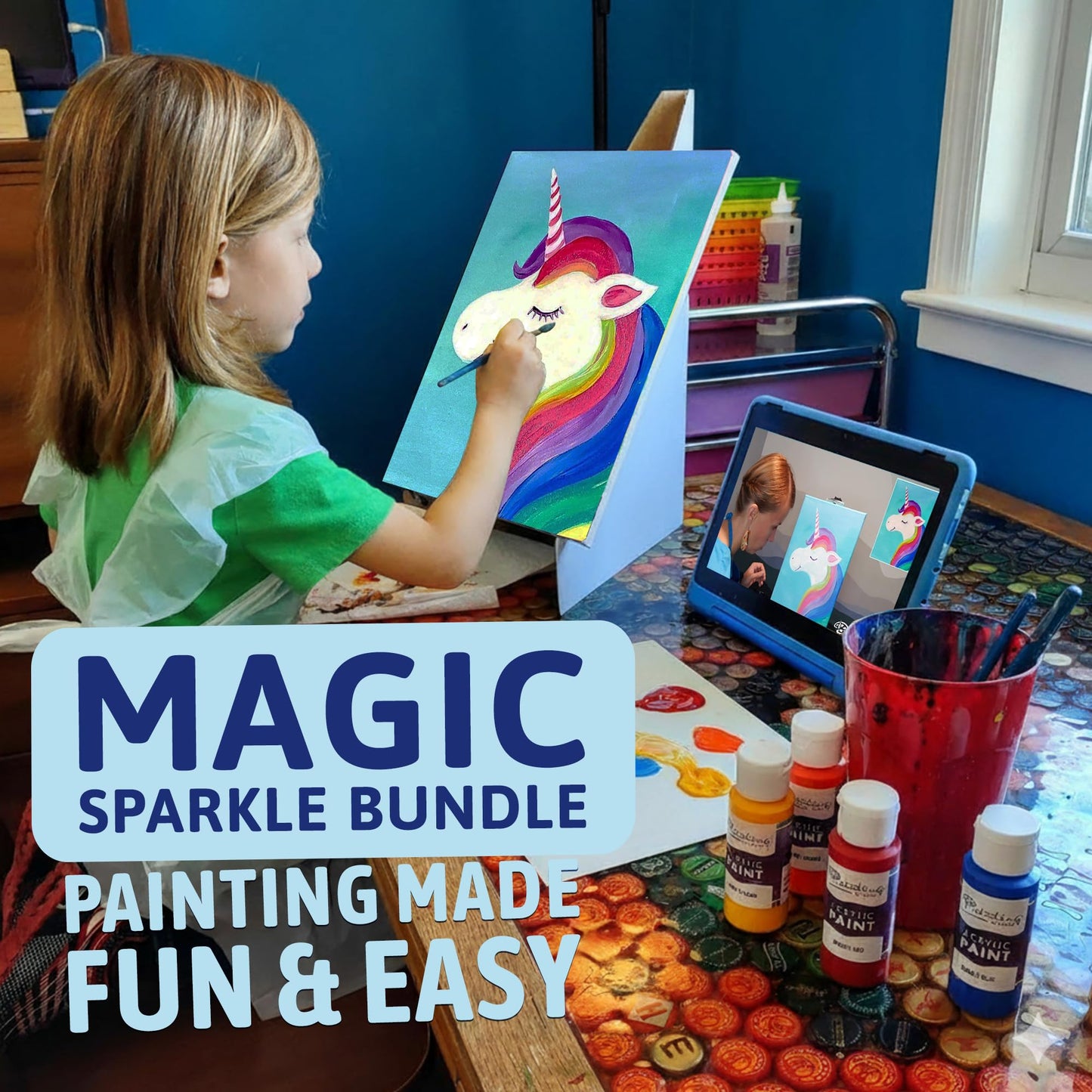 Painting to Gogh – Magic Sparkle Bundle – 4-in-1 Kids Painting Kit – 4 Canvases, Set of 3 Brushes, Acrylic Paint, Easels, Palettes, Aprons & Step-by-Step Tutorials – Fun Art Set for Kids –Ages 6 to 12
