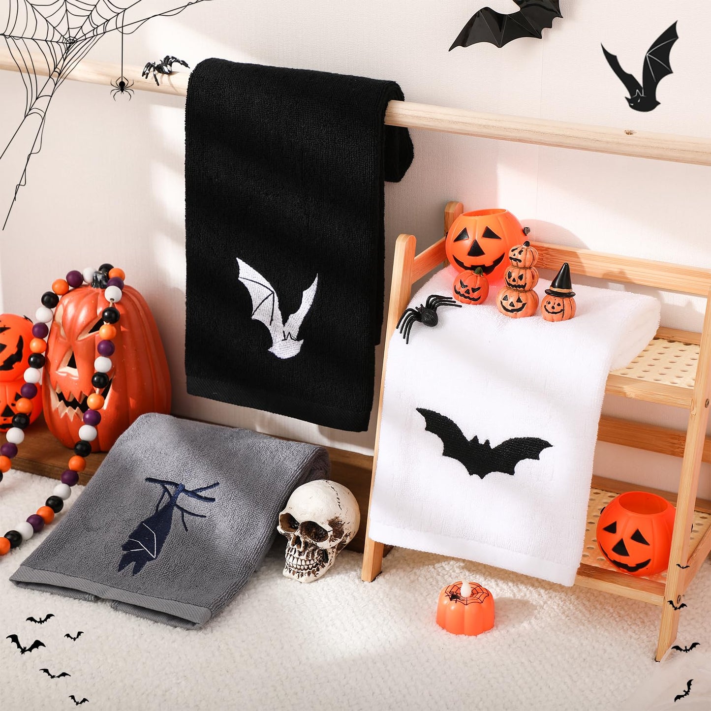 Breling 3 Pcs Kitchen Hand Towels 13.3 x 29 Inch Towels for Bathroom Soft Embroidered Home Decoration for Goth Kitchen Halloween Birthday Gifts(Polyester,Bat)