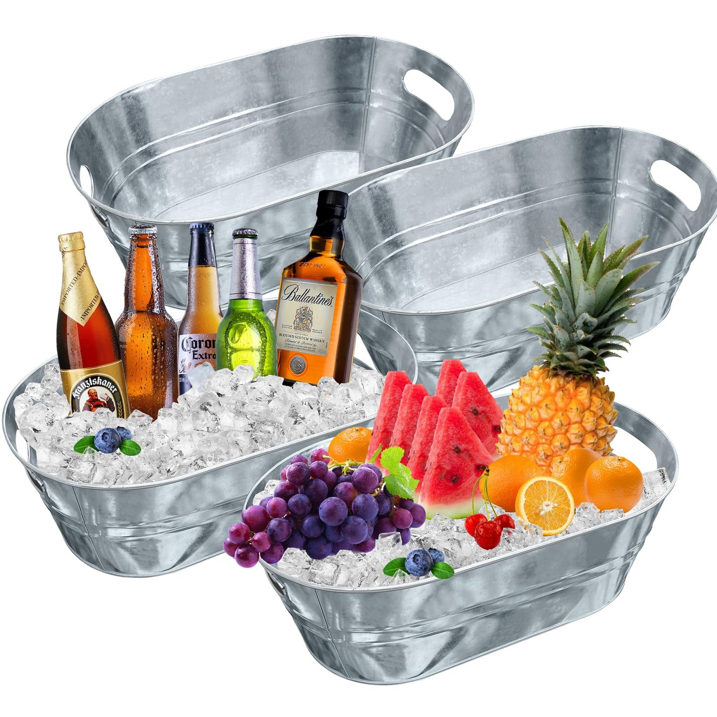 4 PCS 3 Gallon Galvanized Tub Champagne Bucket with Carry Beer Drink Storage Cooler Metal Beverage Ice Tub Galvanized Ice Buckets for Parties and Cocktail Bar Mimosa Supplies, 15.8 X 9 X 6.2 Inches