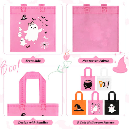 20pcs Pink Girl Halloween Treats Bags - Cute Ghost Witch Cauldron NonWoven Candy Bag Gift Tote for Little Boo Baby Shower Party Supplies