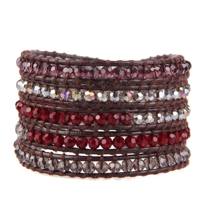 KELITCH Fashion Color Crystal Mix Beaded 5 Wrap Bracelet On Natural Leather Handmade New Women Jewelry (Red Crystal)