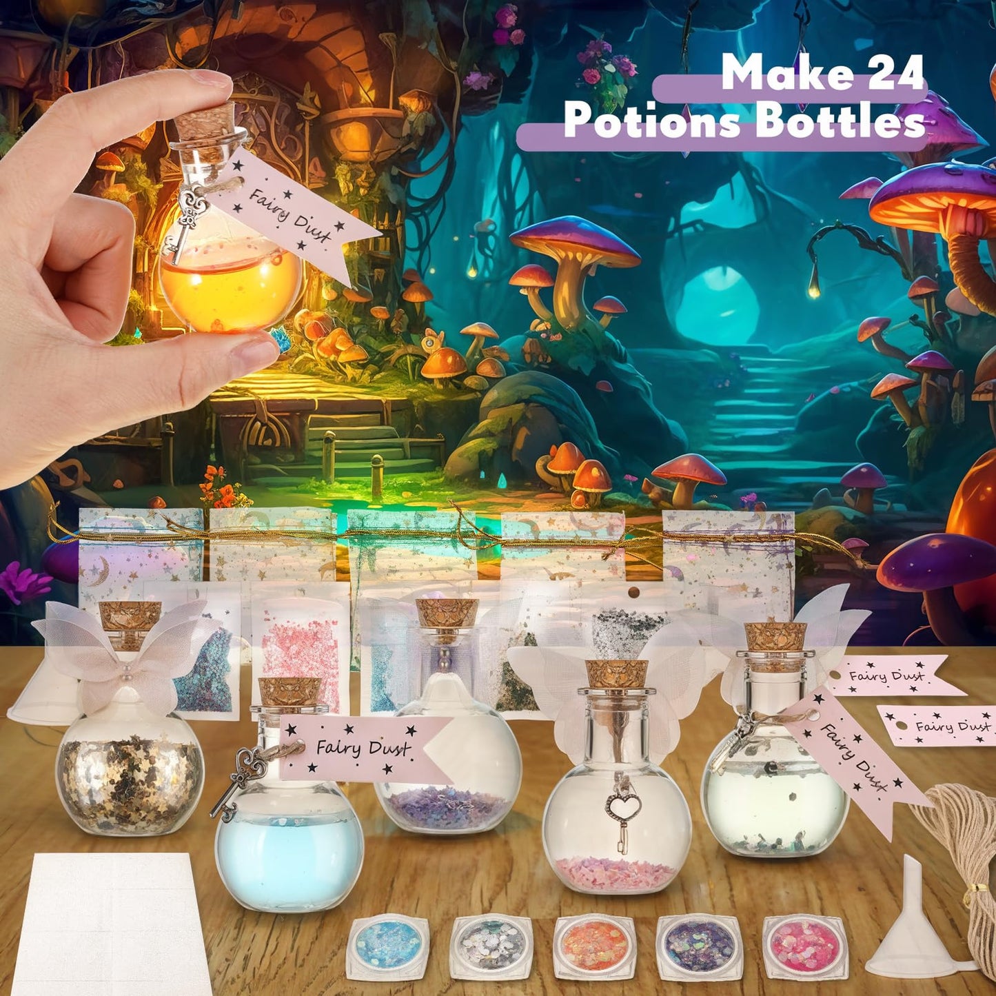 Jinei 174 Pieces Fairy Magic Potions Kit with 24 Mystery Witch Potion Bottles Fairy Wing DIY Magic Mix Making Kit for Christmas Decorations Birthday Creative Gifts Filling Supplies(Ball Style)