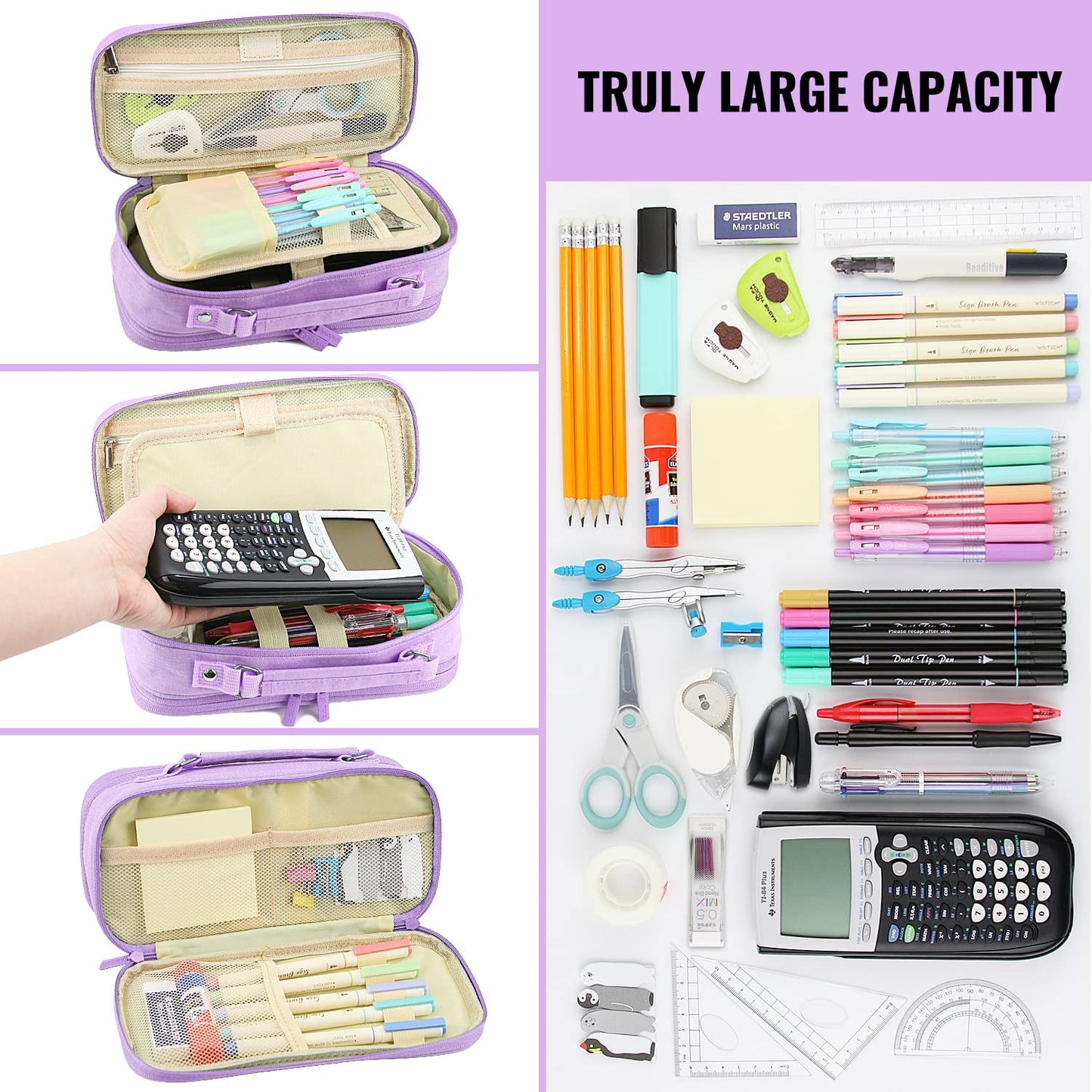 JOINPRO Large Capacity Pencil Case, 4 Compartment Pen Pouch Organizer with Double Zipper, Storage Bag for School, Office, Teen Girl Boy Men Women (Purple)