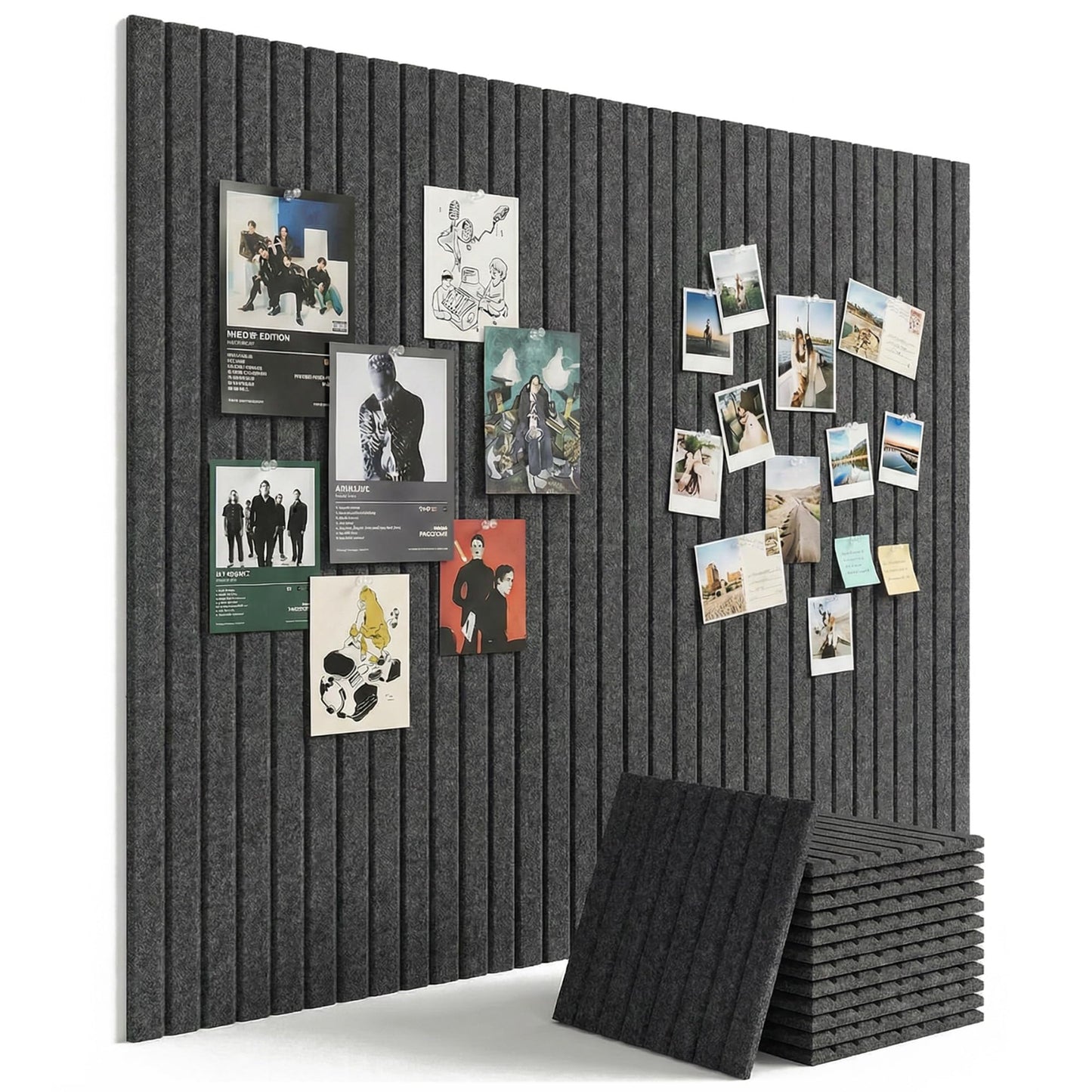 Aothia 12-Pack Felt Bulletin Board Tiles 48"x36", Modular Pin Board for Smooth Walls, Cork Board Alternative for Notes & Photos, 0.35" Thick, 70 Adhesive Tabs & 40 Pins, Charcoal Gray