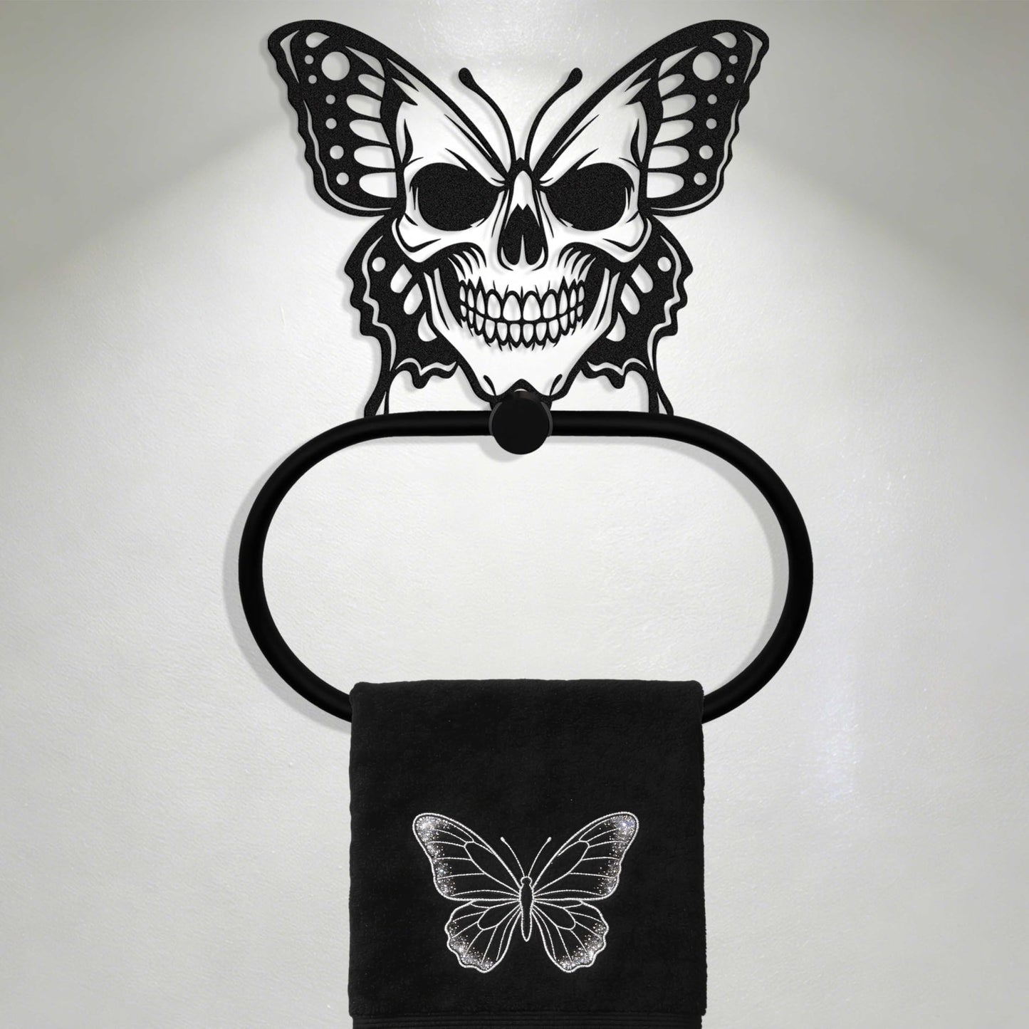 LumDecor Black Metal Gothic Skull Butterfly Towel Ring, Goth Witchy Skeleton Wall Hand Towels Holder, Gothic Bathroom & Kitchen Accessories, Wall Hanging Towel Rack Home Decor Gift Indoor Outdoor