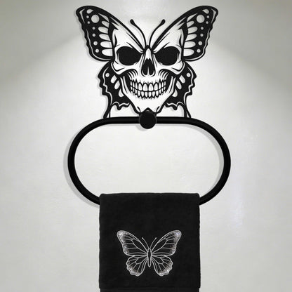 LumDecor Black Metal Gothic Skull Butterfly Towel Ring, Goth Witchy Skeleton Wall Hand Towels Holder, Gothic Bathroom & Kitchen Accessories, Wall Hanging Towel Rack Home Decor Gift Indoor Outdoor