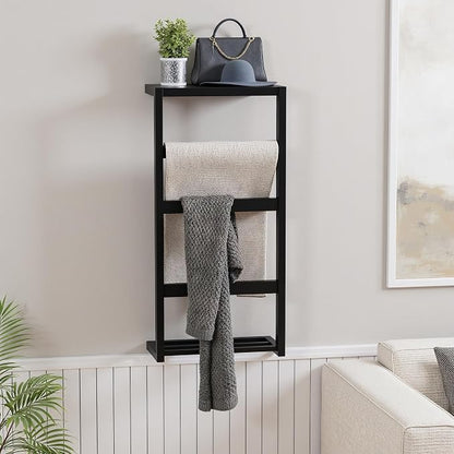 Bamboo Wall Blanket Ladder, 4-Tier Towel Racks, Bamboo Bath Towel Racks for Bathroom Wall Mounted, Decorative Blanket, Quilt, Towel, Scarf Ladder Shelves for Bathroom, Living Room, Bedroom， Black