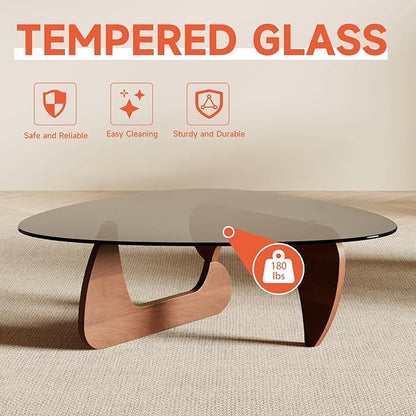 Modern Coffee Table for Living Room and Small Spaces, 43.3" x 29.5" x 15.8" Triangle Tempered Glass Table Top and Eco-Friendly Solid Wood Base, Walnut
