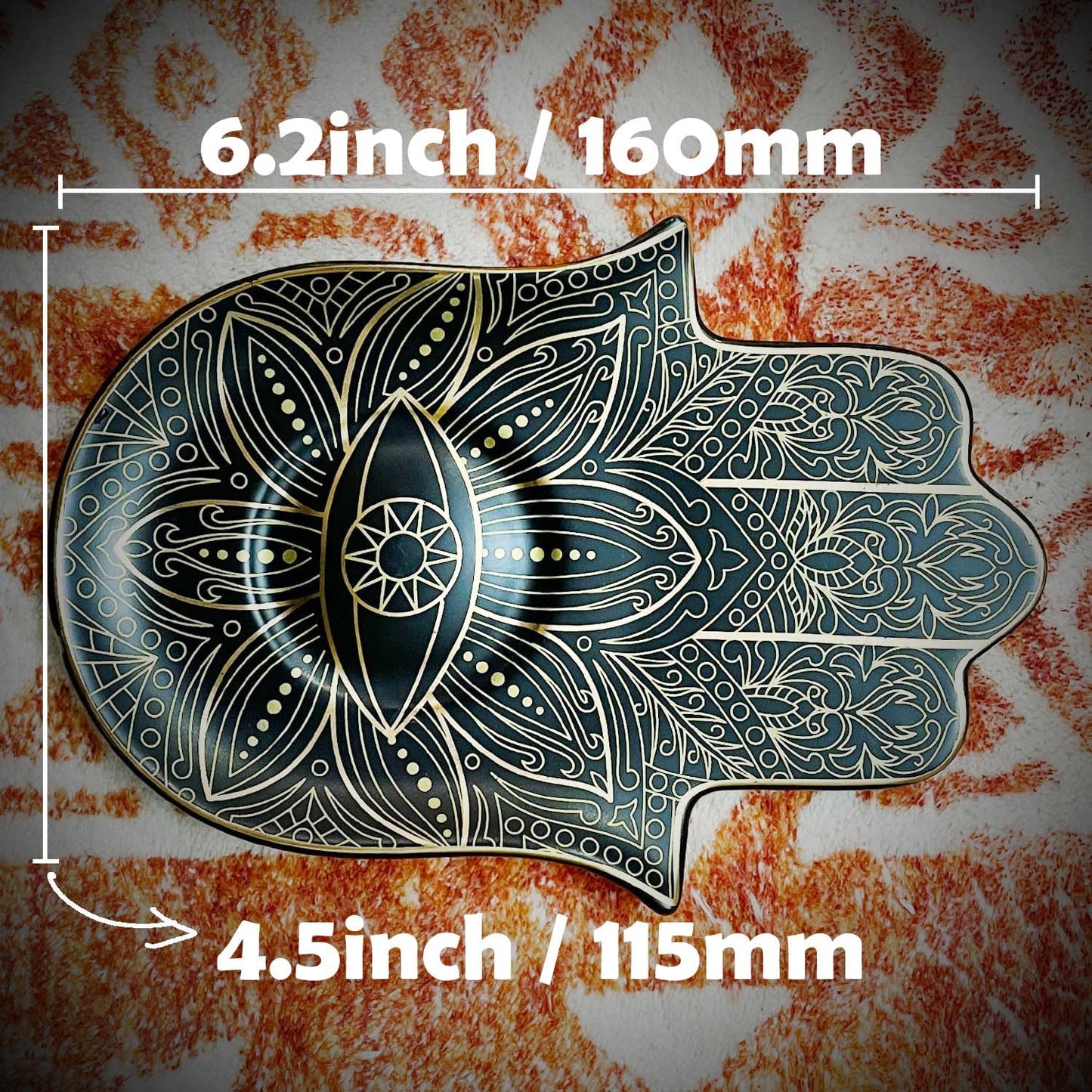 Exquisite Small Ceramic Jewelry Tray - Trinket Dish Evil Eye Decor, Gold Plate Ring Holder, Modern Boho Home Essentials, Perfume Organizer, Witchy, Aesthetic Room Decor (Black Hamsa)