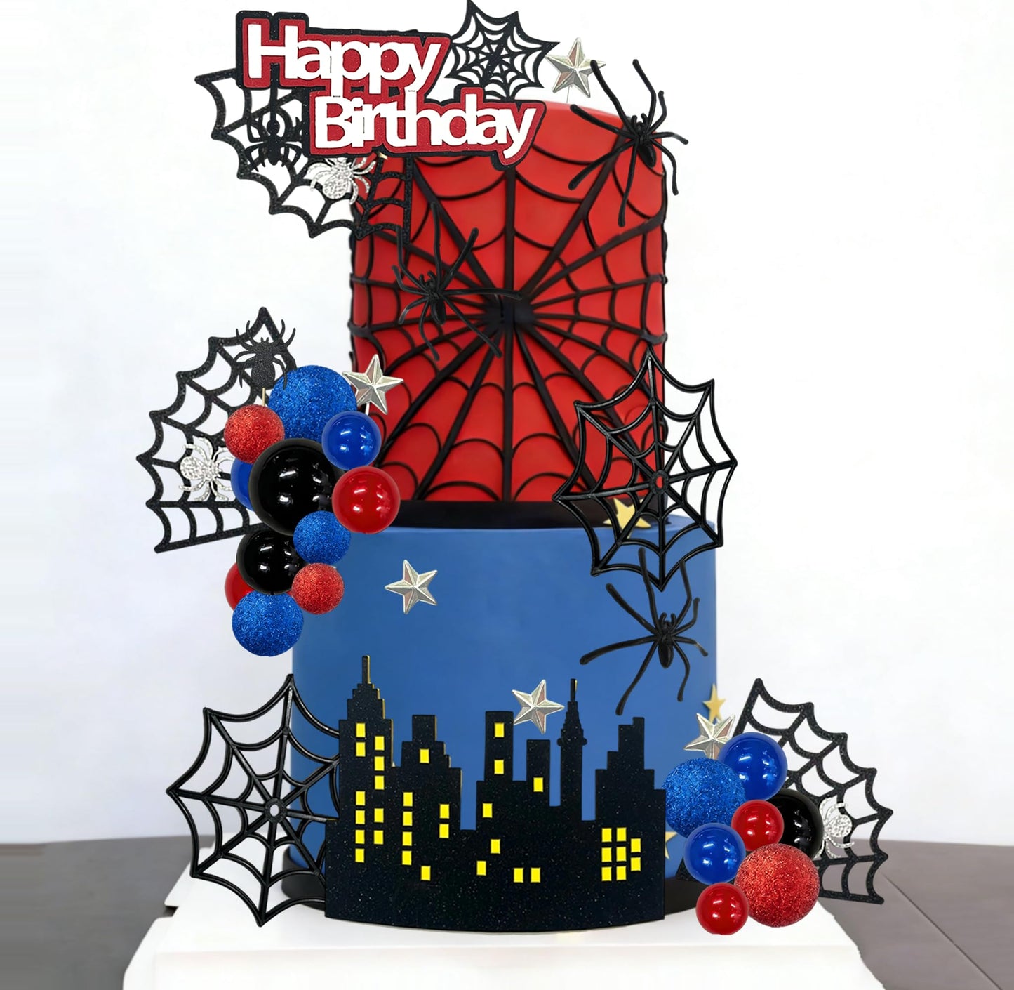 Tyotrbs Spider Cake Topper Spider Web Cake Decoration Spiders Theme Cake Decor Happy Birthday Toppers Stars Red Blue Balls Cupcake Topper for Hero Party Supplies
