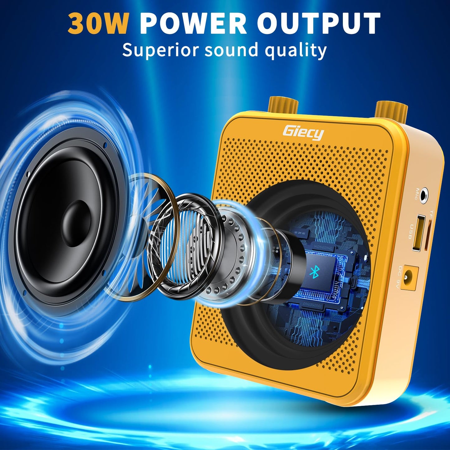 Giecy Voice Amplifier, Giecy 30W 2800mAh Rechargeable Personal Voice Amplifier with Microphone Headset, Portable Speaker for Multiple Locations Classroom, Meetings and Outdoors (G300-Yellow)