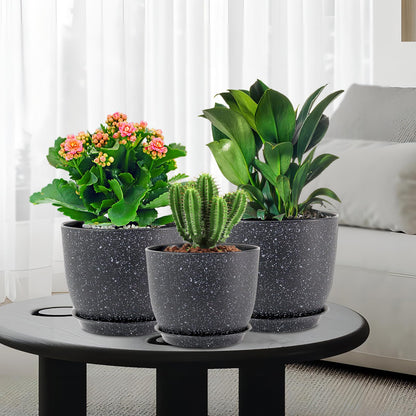 WSMKSZ Plant Pots 10/9/8 inch, Set of 3 Modern Decorative Plastic Planters with Drainage Holes and Saucers for Garden House Plants, Flower Pots for Indoor Outdoor Plants, Speckled Black