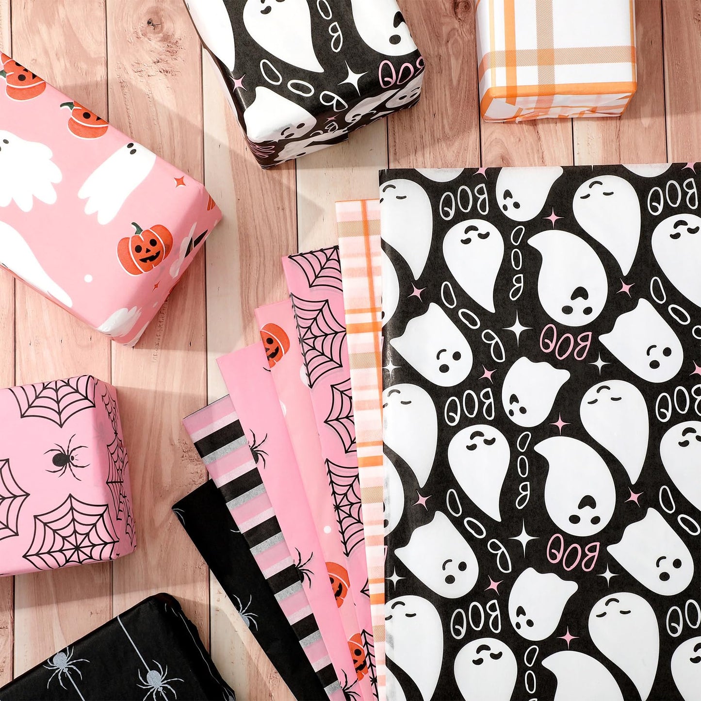 Whaline 105 Sheets Halloween Tissue Papers 7 Designs Pink Orange Black Wrapping Paper Ghost Pumpkin Spider Web Decorative Art Paper for DIY Crafts, 14 x 20 Inch