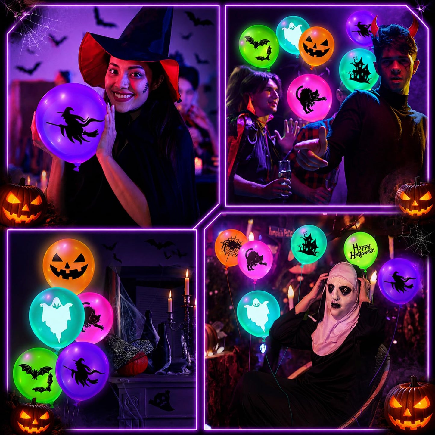 Junkin 80 Pcs Summer Halloween Neon Decoration Glow in The Dark UV Neon Balloons Blacklight Reactive Fluorescent Latex Balloon Pumpkin Ghost Witch Spider Halloween Glow Pool Birthday Party Supplies