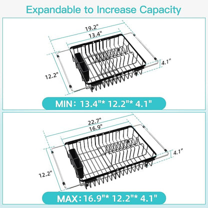JASIWAY Black Expandable Stainless Steel Over The Sink Dish Drying Rack for Small Kitchen Counter Space Saving, Compact Plate Drainer Strainer, Adjustable Hanging Metal Dish Dryer with Utensil Holder