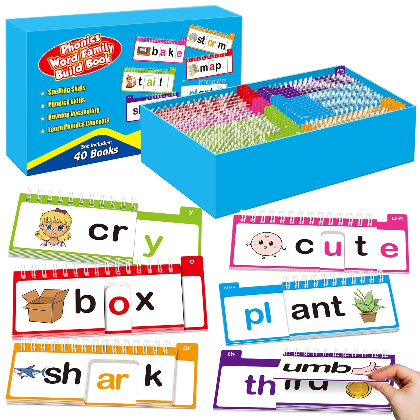 SkilLify Word Family Build Book, 40 Read and Rhyme Flip Books, Learn to Read Phonics Flash Cards, Sight Words Flash Cards Kindergarten Flip Books for Kids Homeschool Preschool Learning Activities