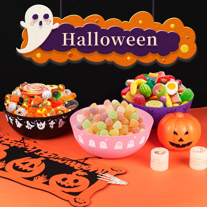 AUECOOME 4 Pieces halloween bowls for candy large - Plastic Trick or Treat Bowls, Reusable Serving plastic bowl for Halloween Party Supplies (Black Pink)