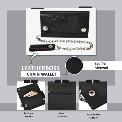 Leatherboss Genuine Leather Men Trifold Eagle Biker Chain Wallet Credit Card Holder for Motorcycle Bikers Truckers