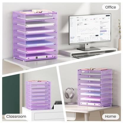 Lavatino 2 Pack 8-Tier Office Desk File Organizer, Letter Tray Paper Organizer with Handle, Including 5 Adjustable Slide Trays for Organizing Desk Workspace Accessories and Supplies (Purple Mesh)