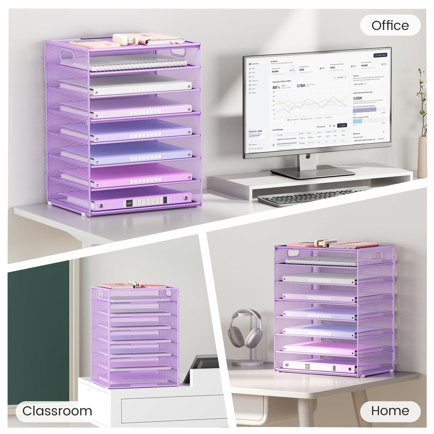 Lavatino 8-Tier Office Desk File Organizer, Letter Tray Paper Organizer with Handle, Including 5 Adjustable Slide Trays for Organizing Desktop Workspace Accessories and Supplies (Purple Metal Mesh)