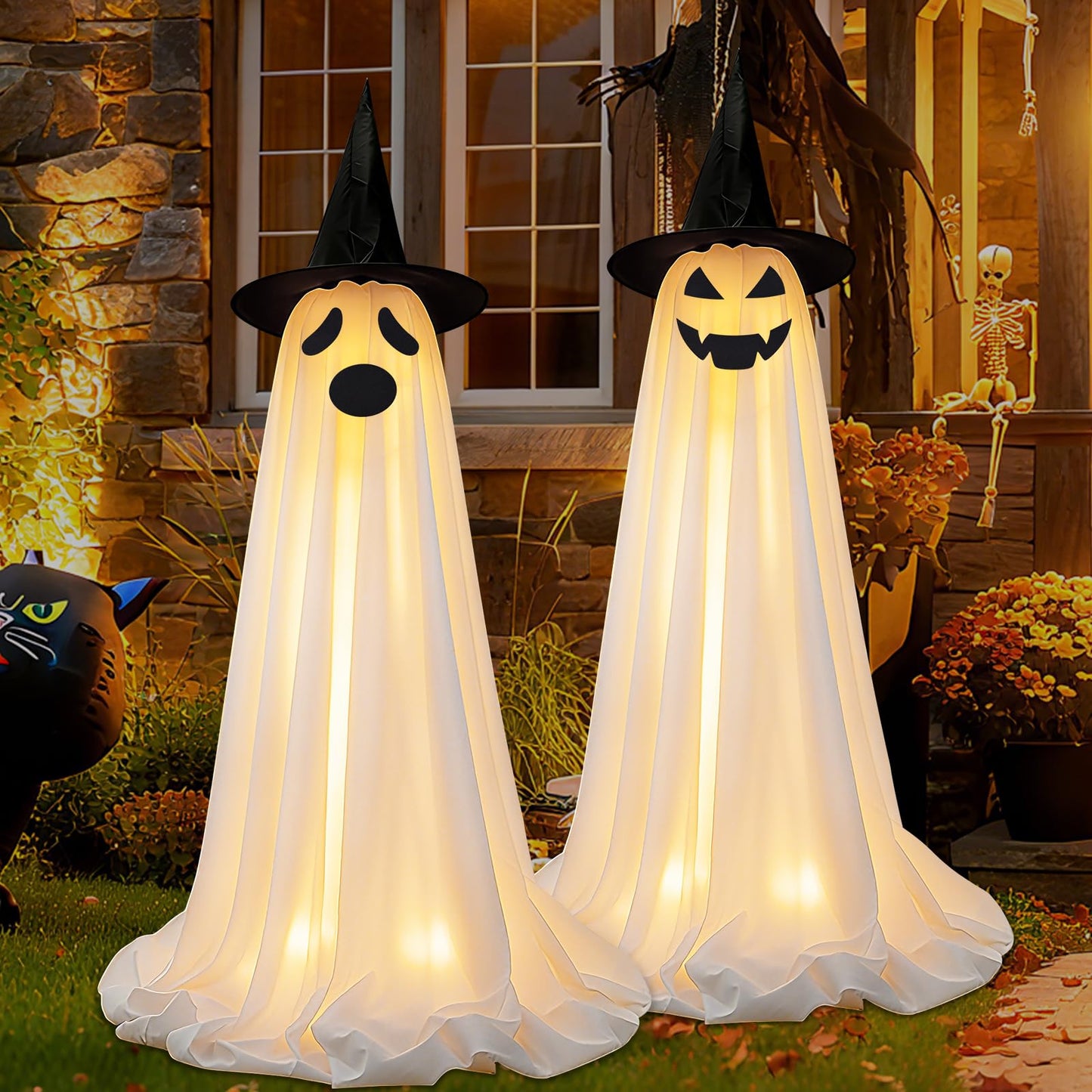 Bensbl 2Pcs Outdoor Ghost Decorations Light Up Standing Ghosts with String Lights 3 Expressions and 2 Witch Hats for Front Porch Yard Lawn Haunted House Decor