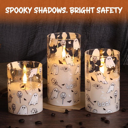 Girimax Glass Flameless Pillar Candles with Remote, Halloween Flickering LED Wax Candles Battery Powered Set of 3