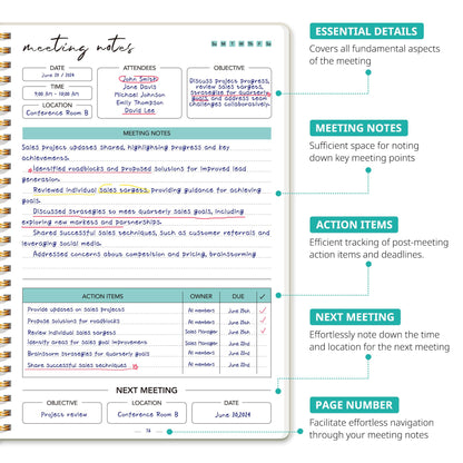 Meeting Notebook for Work Organization - Work notebook with action items, Meeting Minutes Planner Notebook, Perfect Office Supplies for Men & Women - Beige