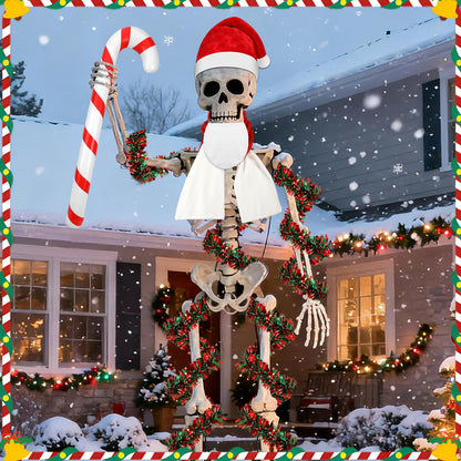 DECYOOL 12 ft Skeleton Santa Outfit, Christmas Skeleton Costume Accessories Set Santa Hat Scarf Beard Tinsel Garlands and Inflatable Candy Cane for Outdoor Indoor Garden Props Festival Decor
