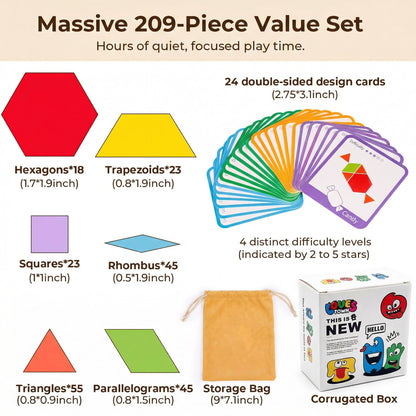 LovesTown 209 PCS Shapes Wooden Pattern Blocks for Kids, Geometric with Activity Cards and Storage Bag, Educational Tangram Puzzles,Great Learning Gift from Parents or Teachers