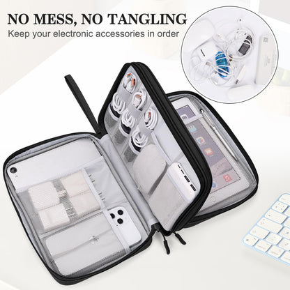 FYY Electronic Organizer, Extra Large Travel Cable Organizer Bag Pouch Portable Waterproof Double Layers All-in-One Storage Bag for iPad, Cable, Power Bank, Laptop Charger for Office/Home, Black