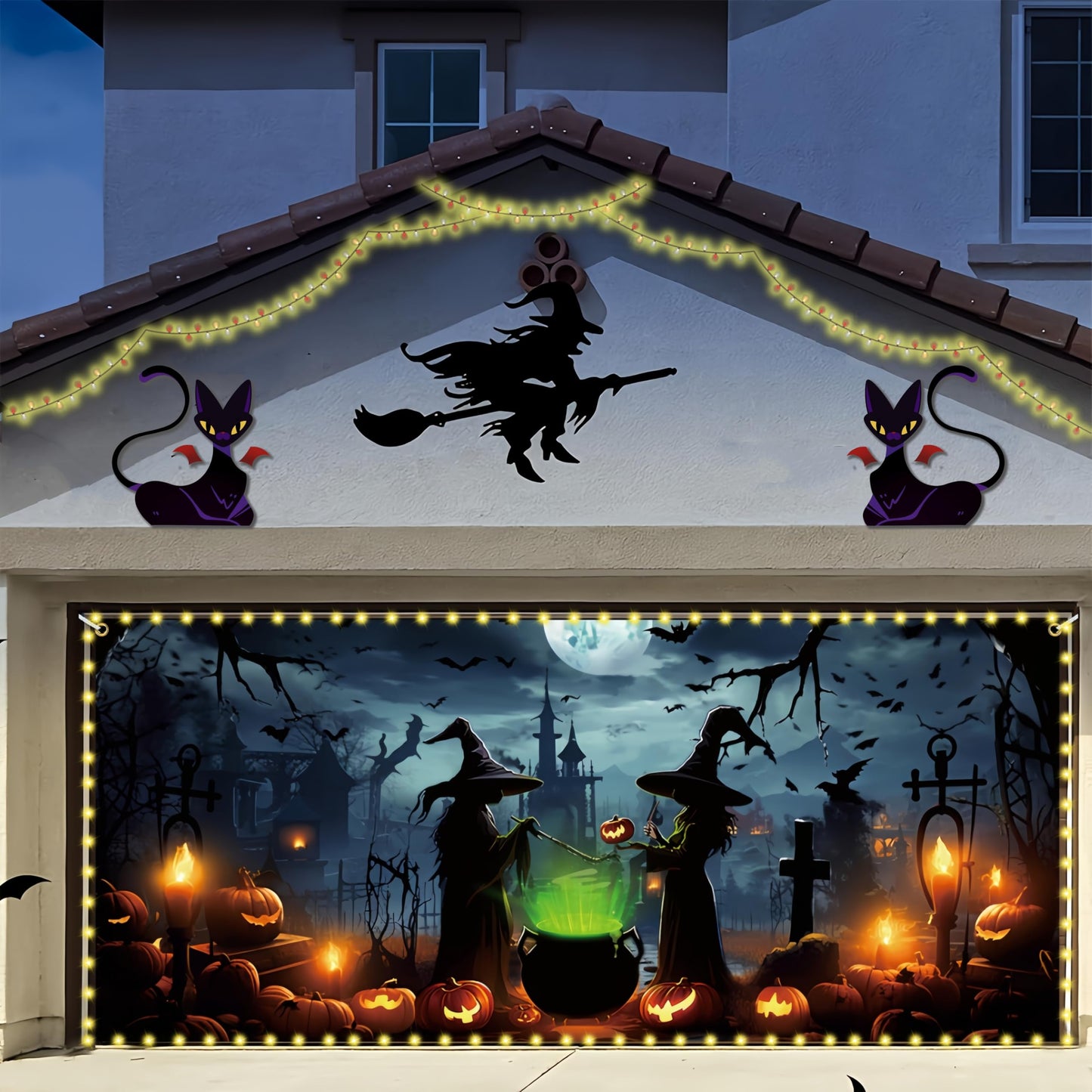 Lighted Witch Halloween Garage Door Decorations Banner - 7 x 16 ft Halloween Garage Door Cover with LED Light Strap, Large Hanging Backdrop for Home Outdoor Spooky Party Yard Decor