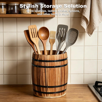 Catheralysia Dark Brown Wooden Utensil Holder, Solid Wood Barrel Shaped Kitchen Utensil Crock, Farmhouse Style Kitchen Storage Bucket, Countertop Cooking Tool Organizer for Home Decor & Gift