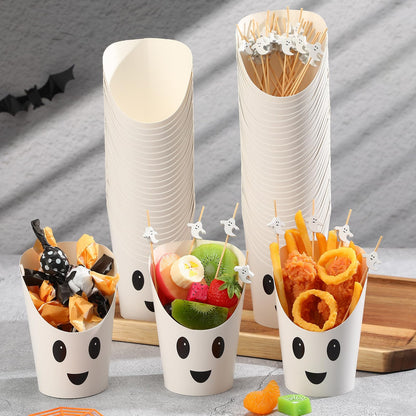 Chengu 260 Pcs Halloween Charcuterie Cups with Picks Sets 60 Pcs 14 oz French paper Appetizer Cups 200 Cocktail Pick Disposable Snack Fruit Stick for Halloween party Decor Supplies(Ghost Style)