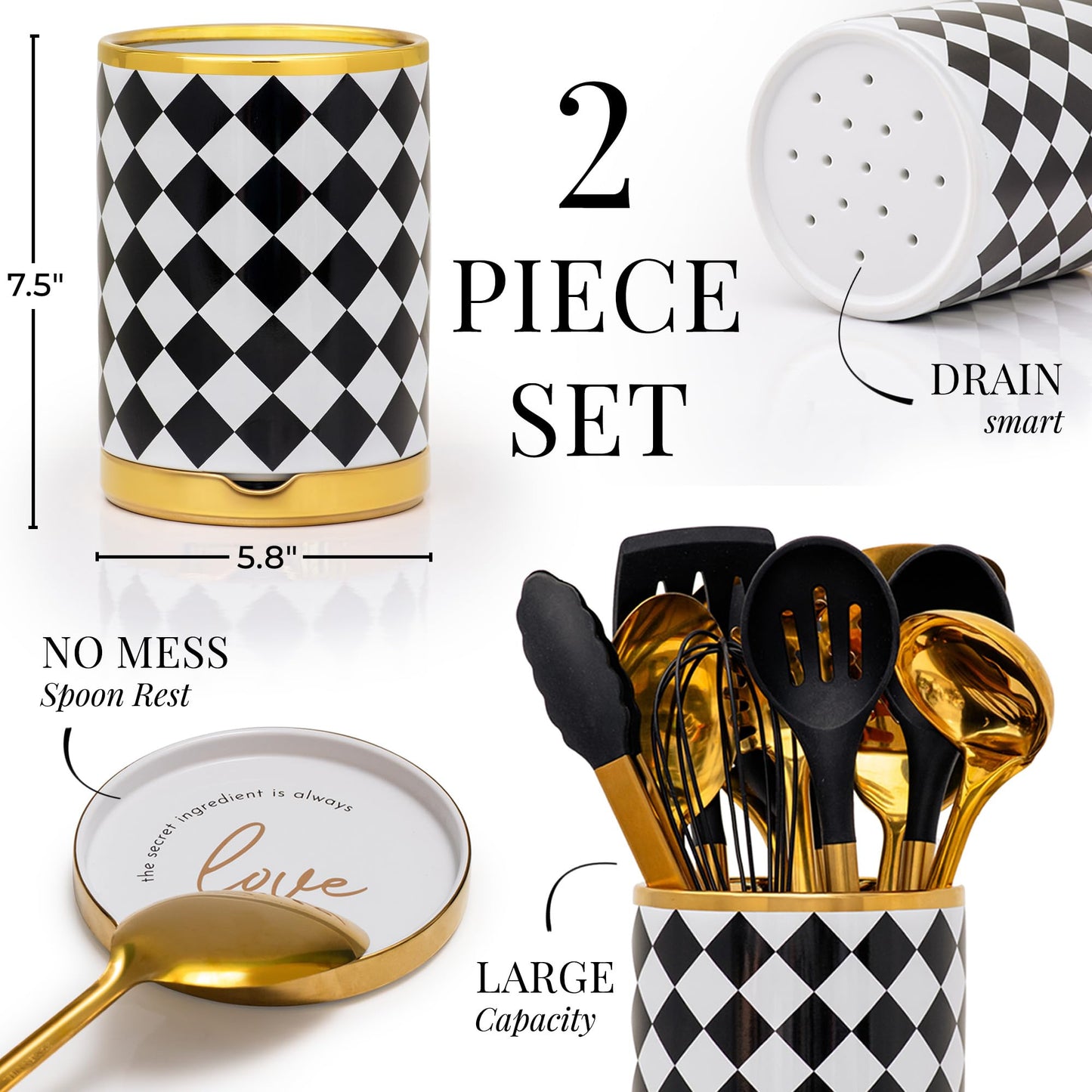 STYLED SETTINGS Black & White Checkered Utensil Holder Set – Large Ceramic Kitchen Utensil Holder for Countertop with Gold Spoon Rest – Stylish Checkered Kitchen Decor & Organizer
