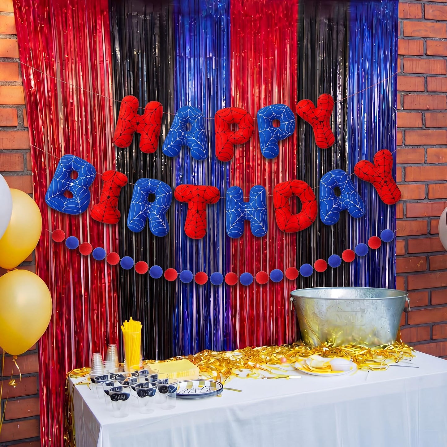 Pre-strung 3D Spider Happy Birthday Banner with Pom Pom Garland Reusable Spider Web Felt Sign for Cartoon Birthday Decorations Movie Hanging Bunting Party Supplies Photo Prop
