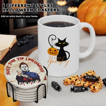 Scary Halloween Decor for Kitchen and Home,Spooky Character Stone Cork Coasters for Coffee Table Drinks,6 Pcs Scary Killer Coaster Set with Holder,Scream Themed Gift and Party Decor