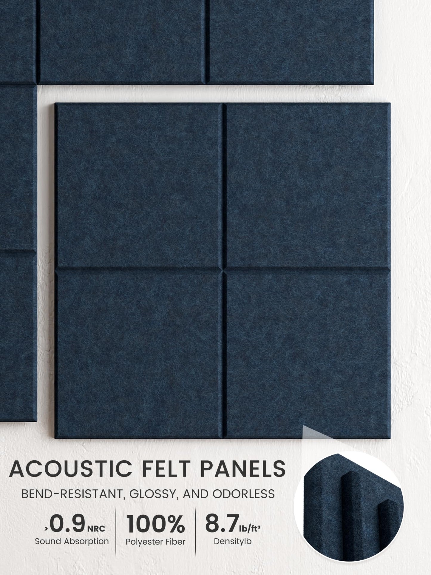 Bumusty Large Felt Bulletin Board, 48" x 36" Cork Board Alternative, 12-Pack Wall Tiles with 4-Compartment Design, 30 Push Pins, 70 Adhesive Tabs, Ideal for Office & Home Decor, Navy Blue