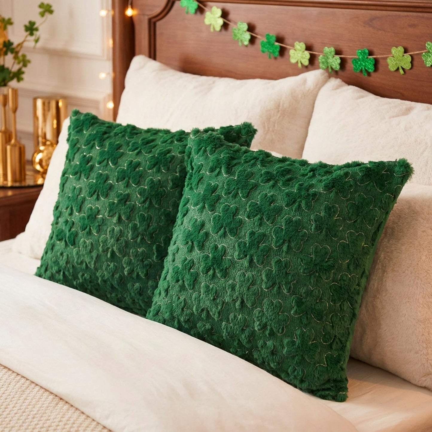 Vermeyen St Patricks Day Pillow Covers 16 x 16 inch Set of 2 3D Embroidered Shamrock Pillow Soft Plush Faux Fur St Patricks Day Decorations for SOFE Bedding Holiday