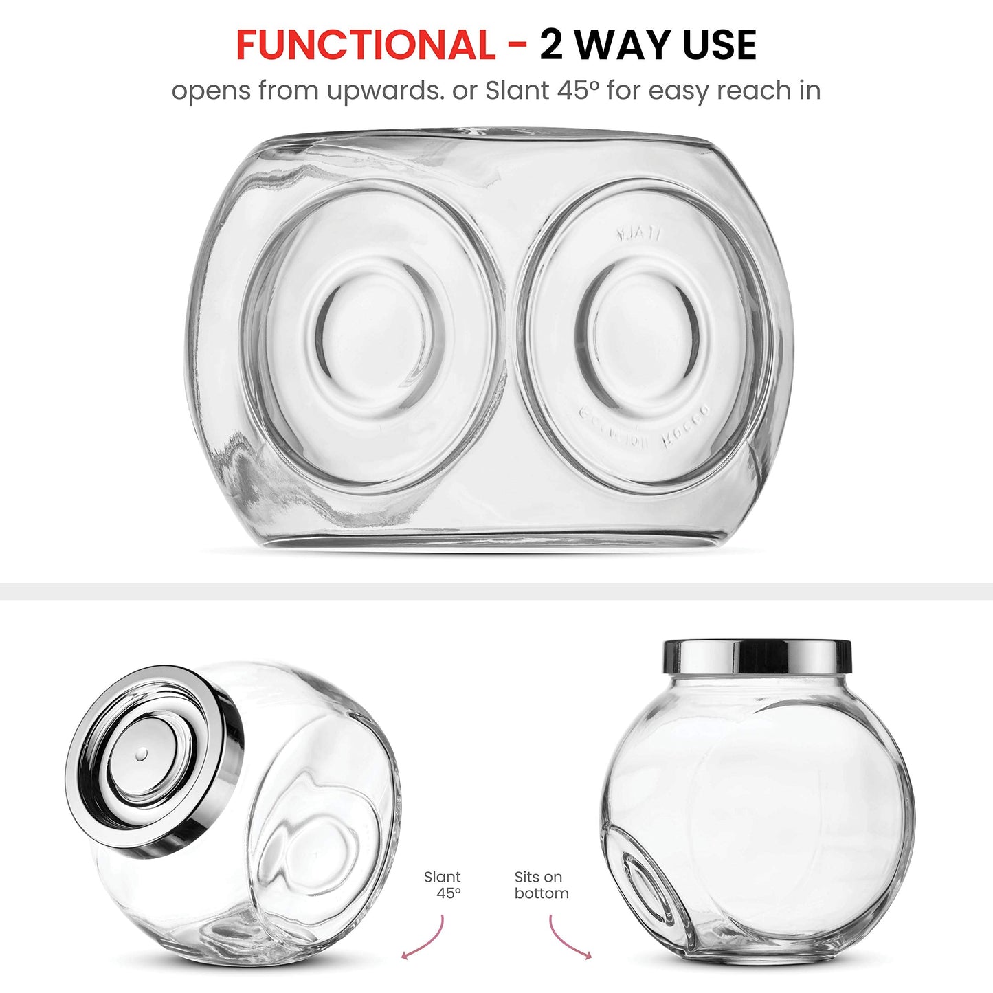 Bormioli Rocco Pandora Glass Candy Jar 75½-Ounce Cookie Jar (2 Pack) with Plastic Airtight Seal Lid 2-Way Display, Bulk-Food Storage Jar for Snacks, Dry Food, Jelly Beans Canister, Apothecary Jars.