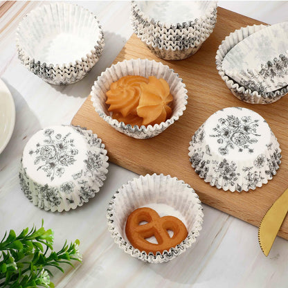 JarThenaAMCS 600Pcs Black Floral Cupcake Liners Chinoiserie Flower Cupcake Wrappers Paper Disposable Decorative Muffin Brownie Cups for Baking Party Supplies