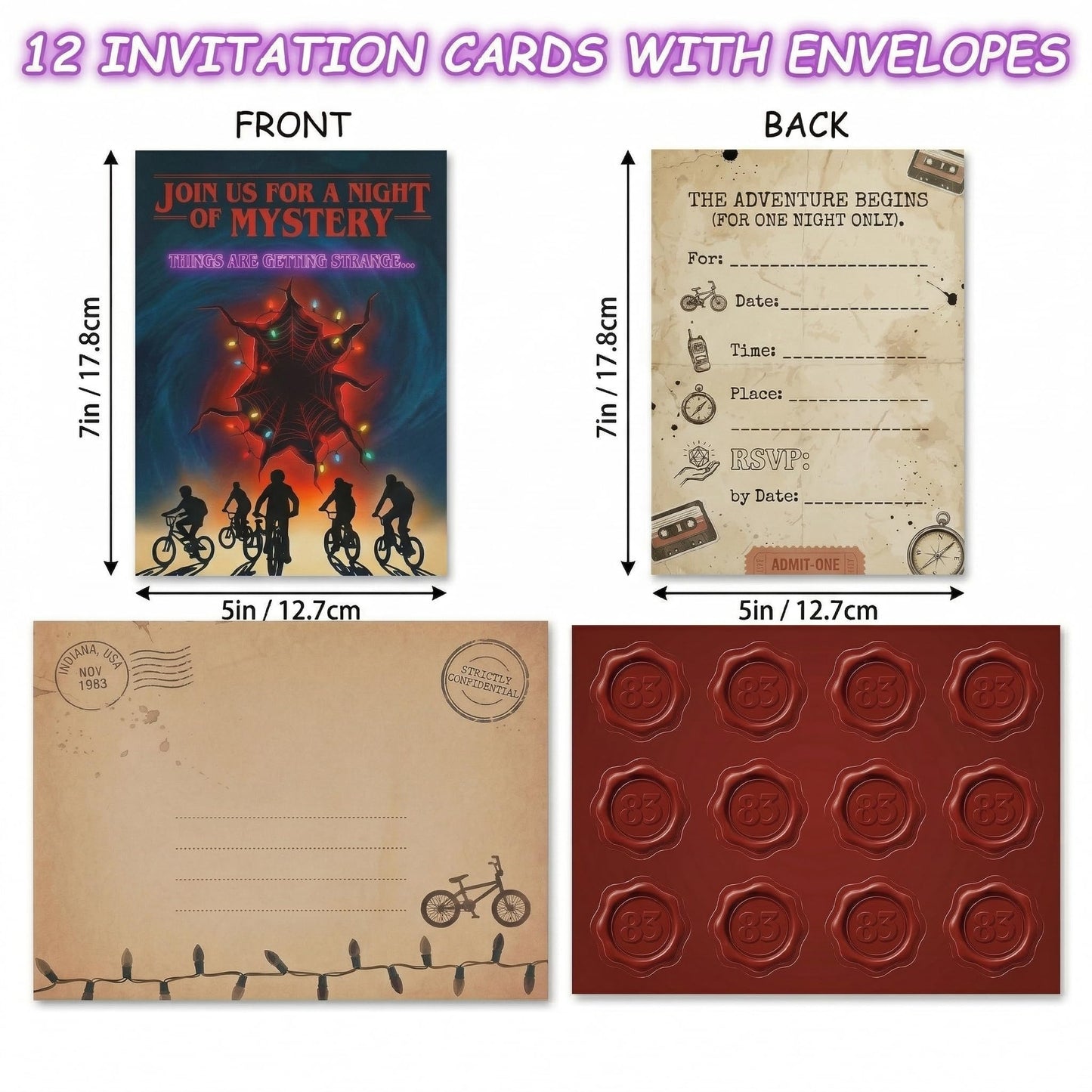 Amcisi 36 Pcs Stranger Theme Party Invitations Set - 12 Birthday Party Invitation Cards, 12 Envelopes and 12 Stickers for Mystery Things Theme Birthday Party Supplies